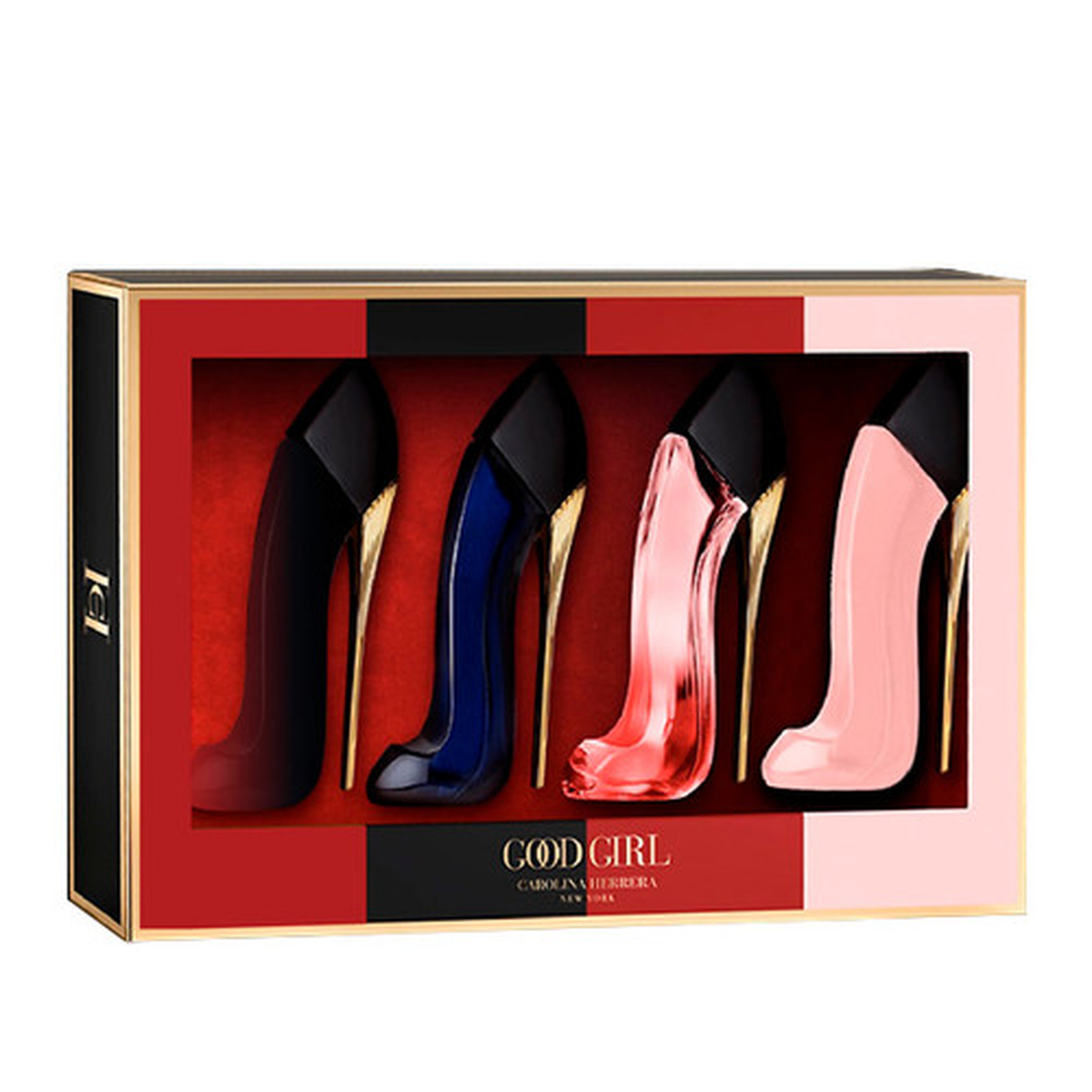 Carolina Herrera Good Girl Mini's 4PC fragrance set with Good Girl, Good Girl Blush, Very Good Girl, and Good Girl Elixir miniature bottles