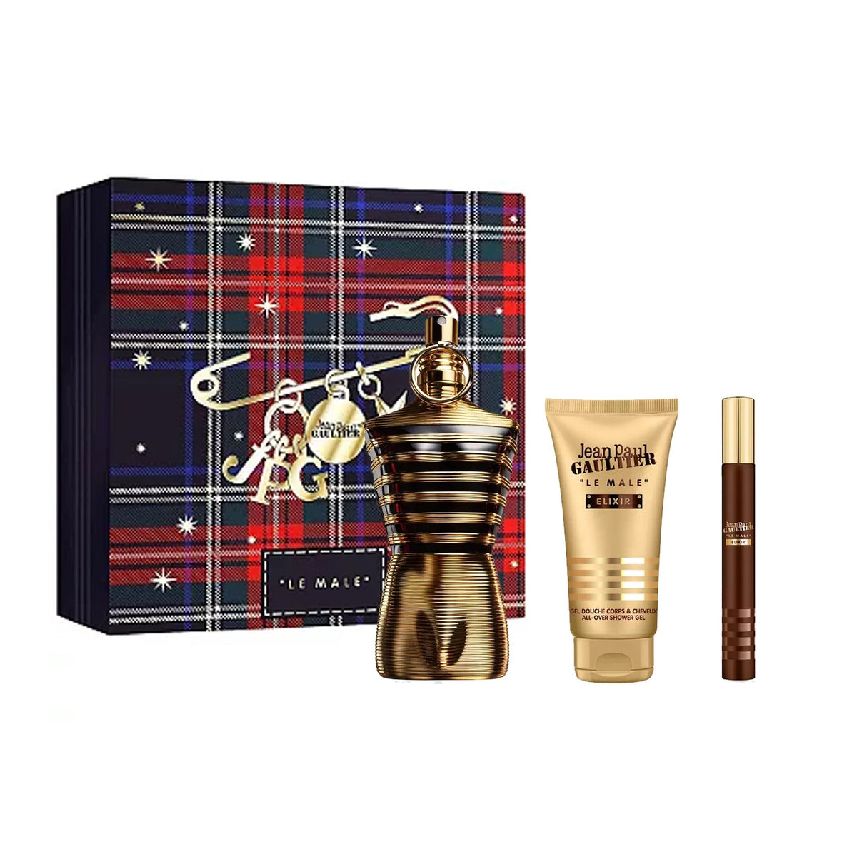 Jean Paul Gaultier Le Male Elixir 3 piece gift set with 4.2 oz fragrance, shower gel, and travel spray