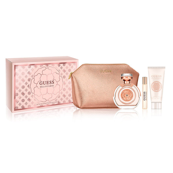 GUESS Bella Vita Rosa 4 piece fragrance gift set with eau de parfum, travel spray, body lotion, and pouch