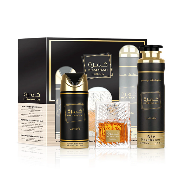 Lattafa Khamrah 3PC set with 3.4 oz Eau de Parfum, deodorant spray, and air freshener