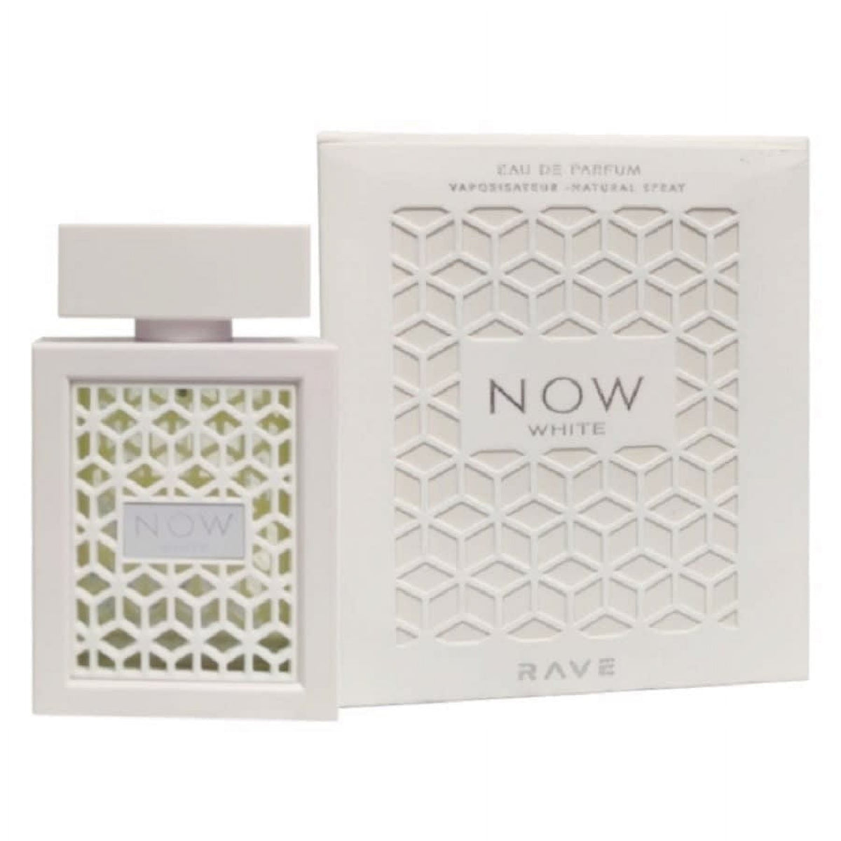 Lattafa Rave Now White 3.4 oz Eau de Parfum Spray bottle and box