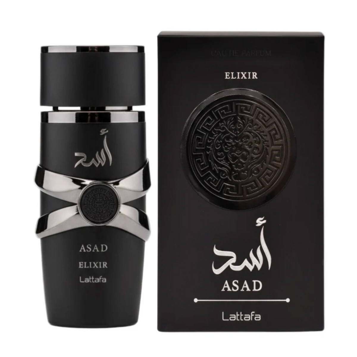 Lattafa Asad Elixir 3.4oz Eau de Parfum Spray bottle and box