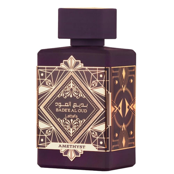 Lattafa Badee Al Oud Amethyst 3.4 oz Eau de Parfum spray bottle and box