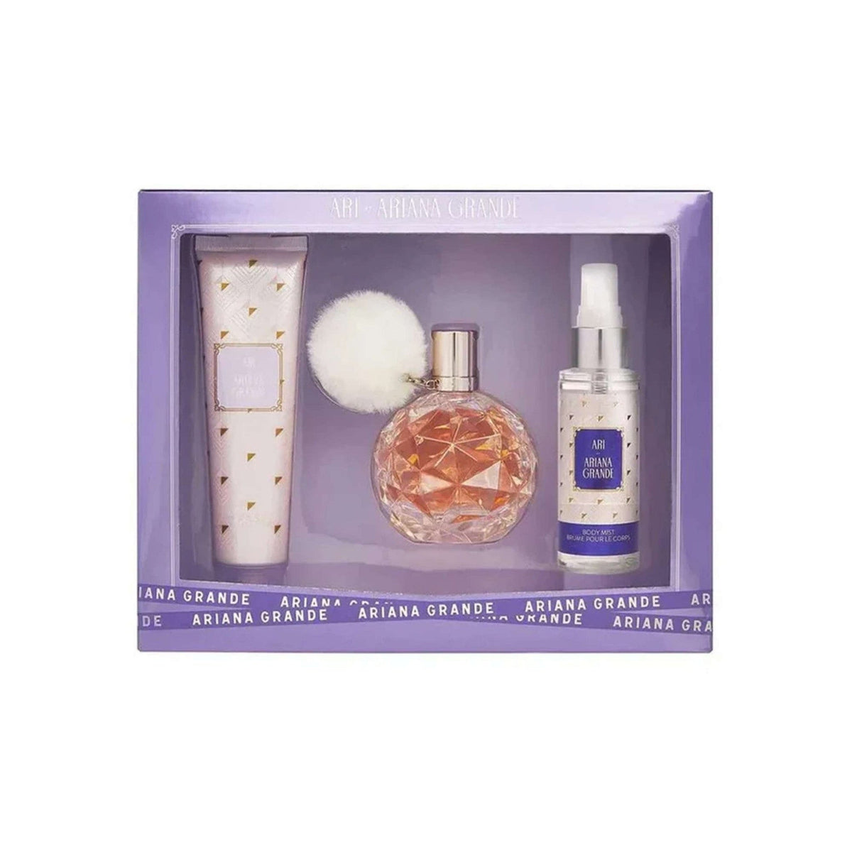 Ariana Grande Ari 3 piece fragrance gift set with perfume, body lotion, and body mist