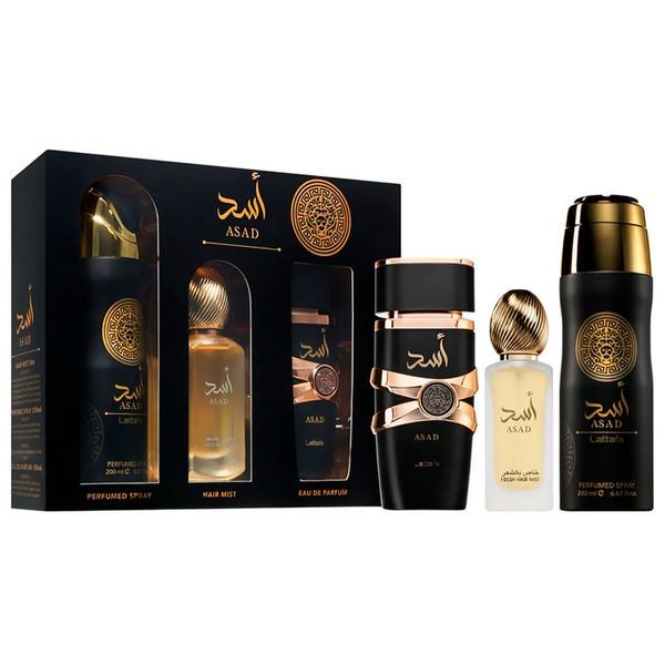 Lattafa Asad 3PC fragrance set with Eau de Parfum, Hair Mist, and Body Spray