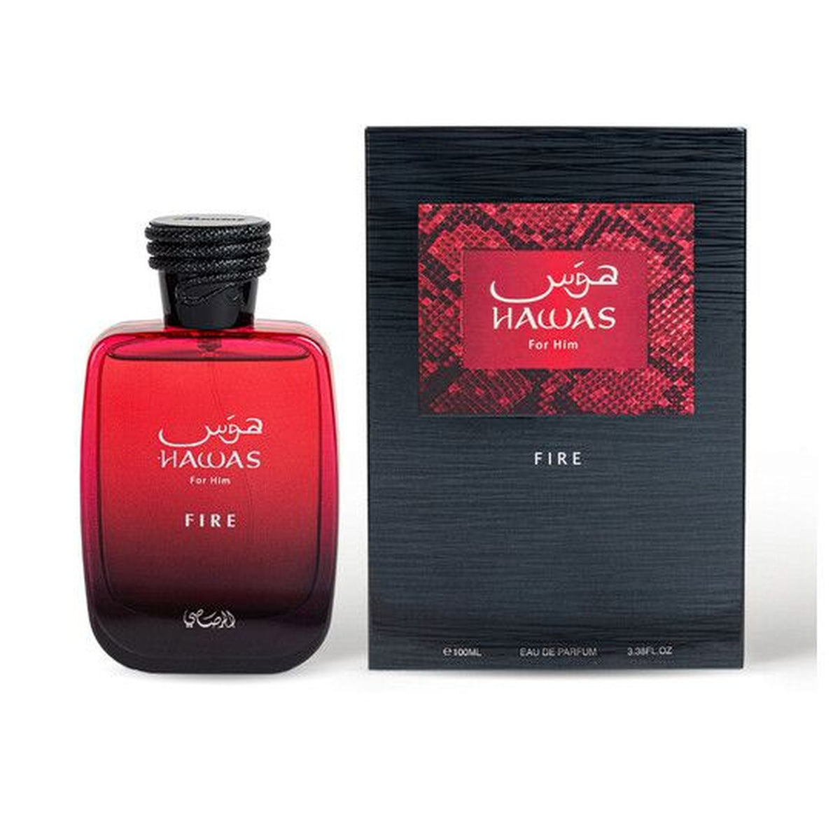 Rasasi Hawas Fire 3.4oz Eau de Parfum Spray bottle and box