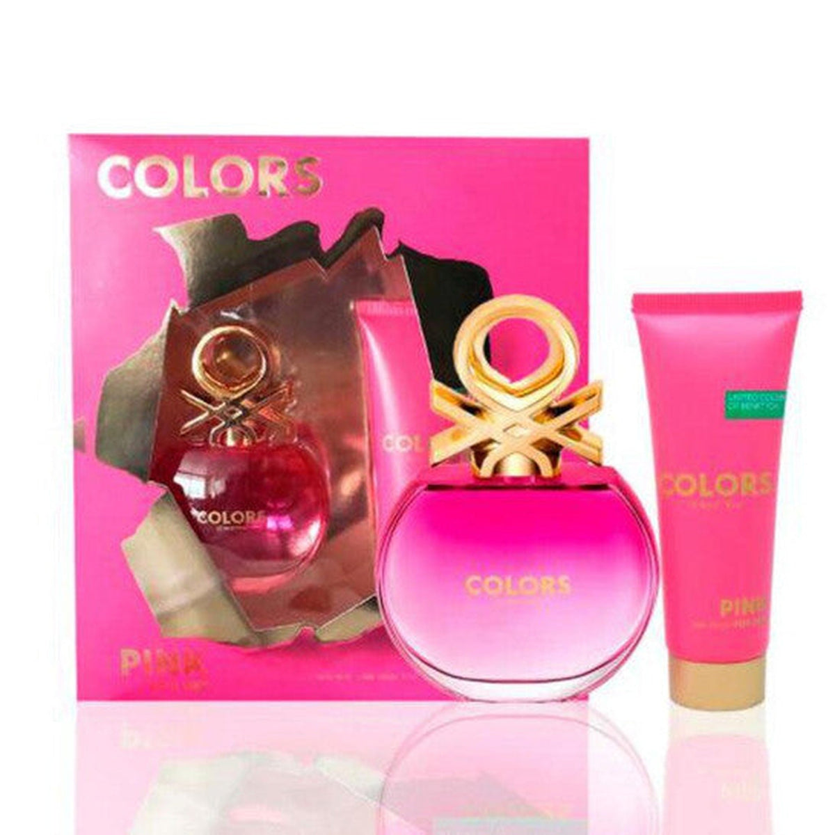 Benetton Colors Pink 2 piece fragrance set with 3.7 oz Eau de Toilette spray and 2.5 oz body lotion