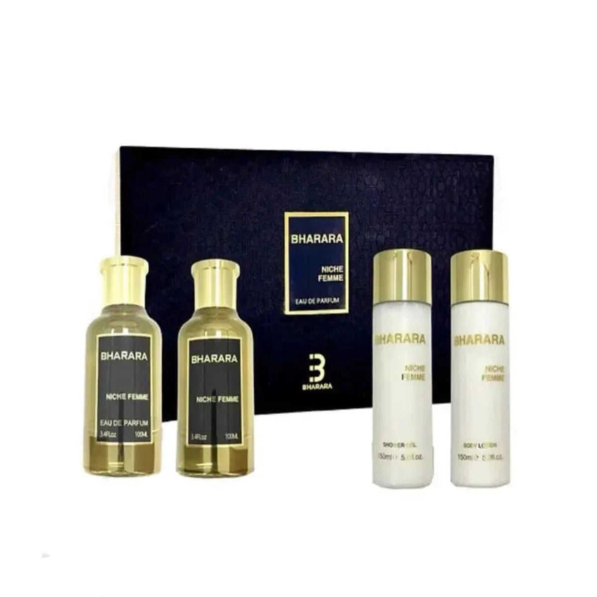 BHARARA Niche Femme 4PC fragrance gift set with Eau de Parfum, body lotion, body mist, and shower gel