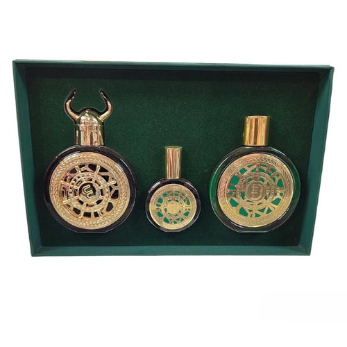 Bharara King Viking Dubai 3 piece fragrance gift set with Eau de Parfum, travel spray, and body lotion