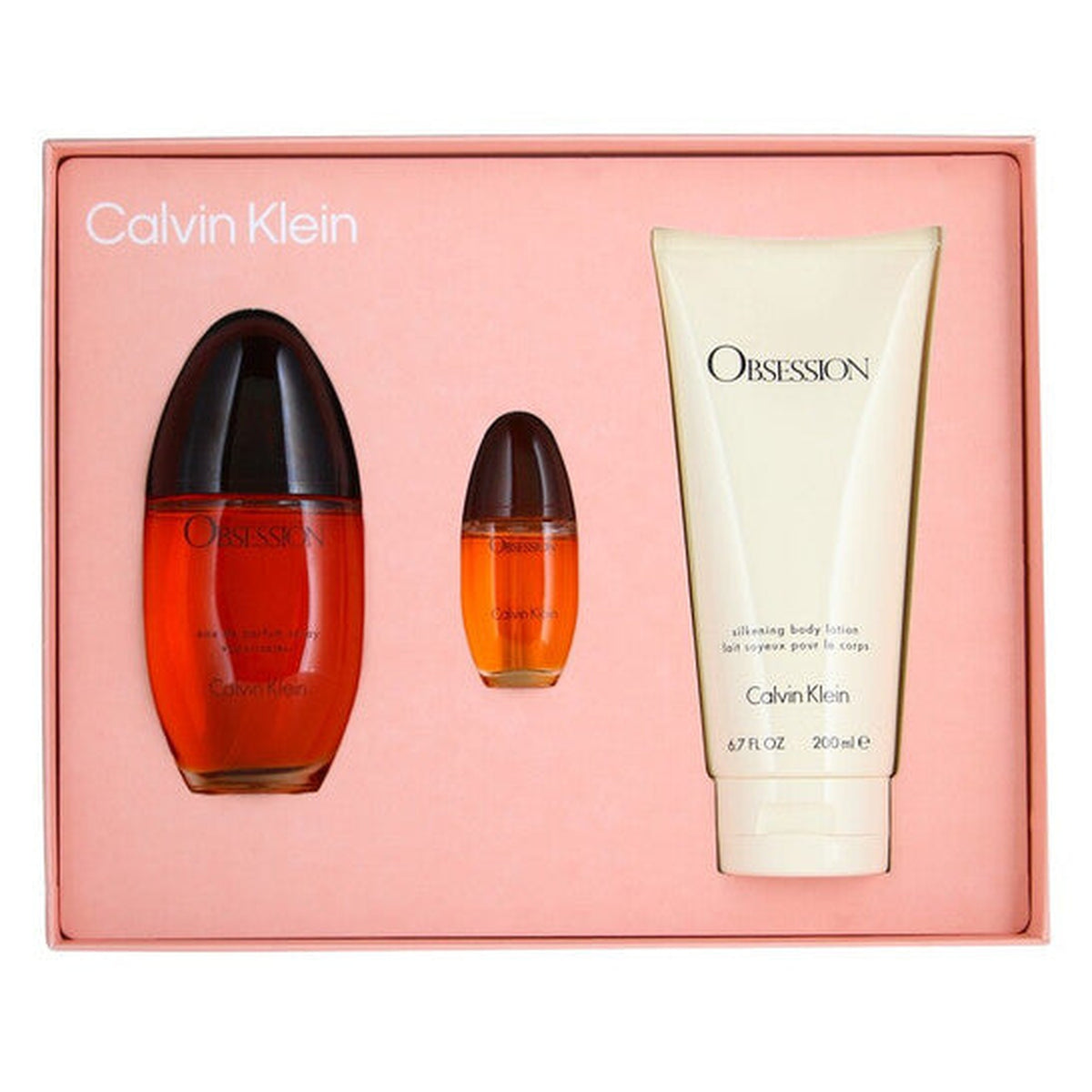 CK Obsession 3 piece fragrance set with 3.4 oz Eau de Parfum, 6.8 oz body lotion, and 0.5 oz Eau de Parfum