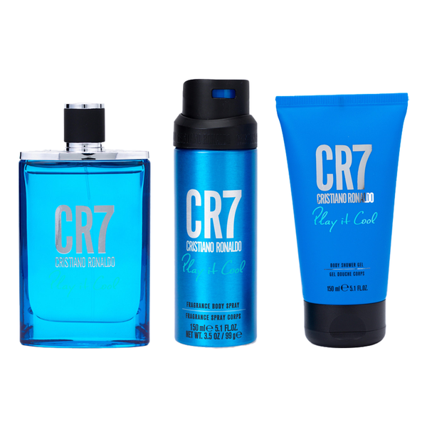 Cristiano Ronaldo CR7 Play It Cool 3 piece fragrance gift set with Eau de Toilette, body spray, and shower gel
