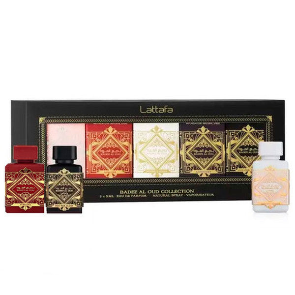 Lattafa Badee Al Oud Collection 5 x 5ml mini fragrance set featuring Glory, Honor and Glory, Sublime, Amethyst, and Noble Blush