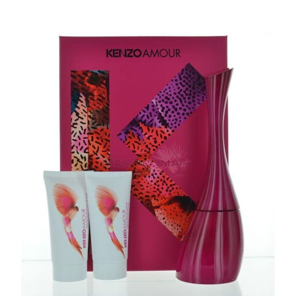 KENZO AMOUR fragrance gift set with 3.4 oz perfume, shower gel, and body lotion