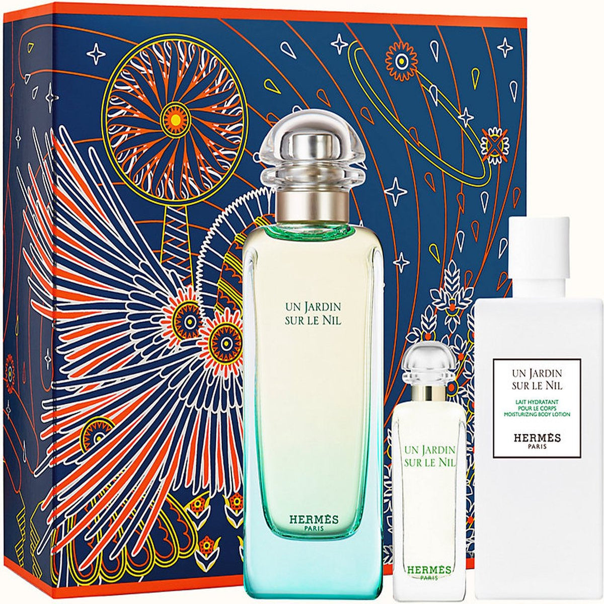 Hermes Un Jardin Sur Le Nil 3 piece travel fragrance set with Eau de Toilette spray, travel spray, and shower gel