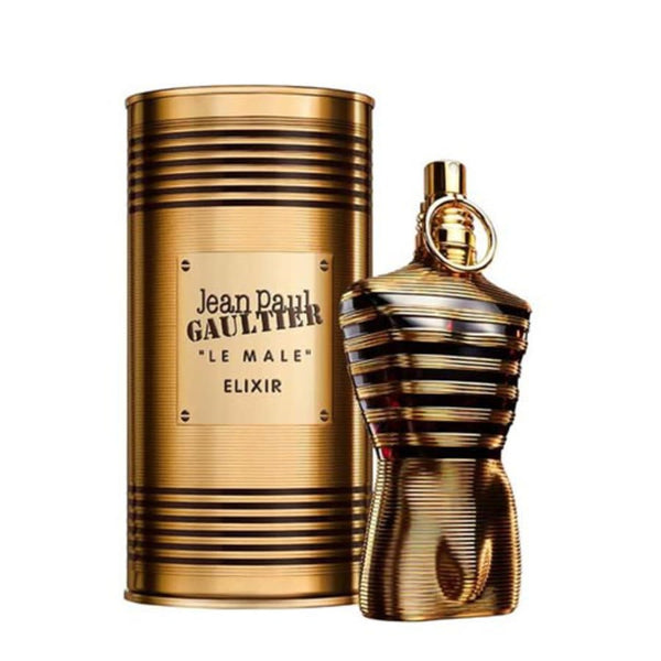 Jean Paul Gaultier Le Male Elixir 4.2 oz EDP spray in gold and black striped bottle
