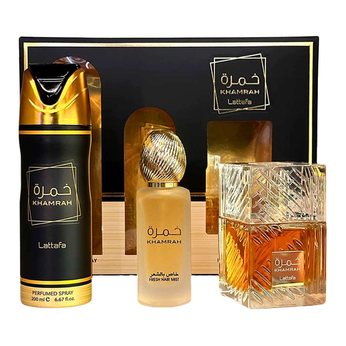 Lattafa Khamrah 3PC fragrance set with Eau de Parfum, body spray, and hair mist