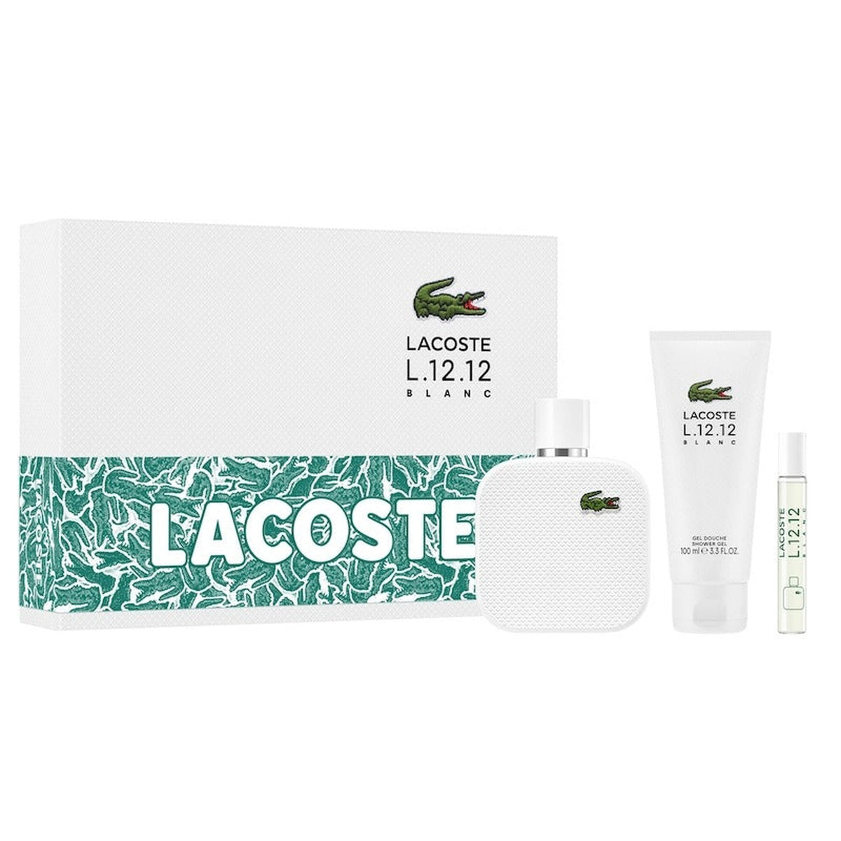 Lacoste Eau Blanc 3 piece men's fragrance gift set with 3.3 oz Eau de Toilette, shower gel, and travel spray