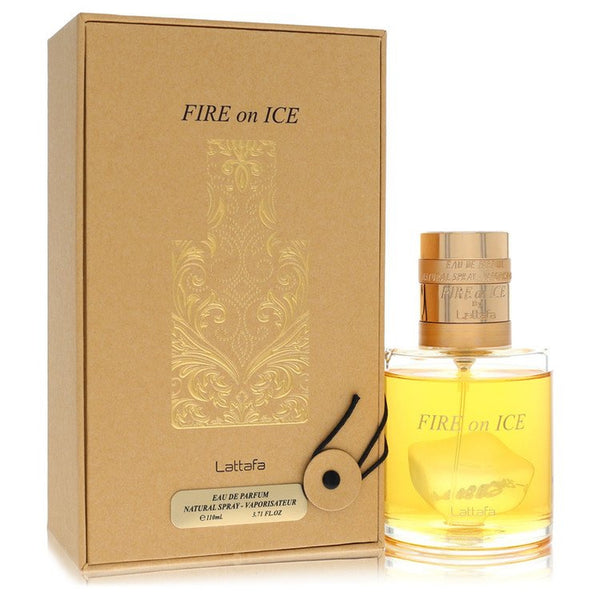 Lattafa Fire On Ice 3.4oz Eau de Parfum Spray bottle and packaging