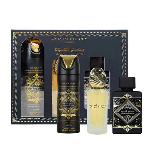 Lattafa Badee Al Oud For Glory 3 piece fragrance set with Eau de Parfum, deodorant spray, and hair mist