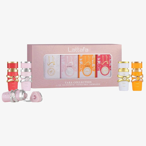 Lattafa Yara 4PC Mini Sampler Set featuring Yara, Yara Candy, Yara Moi and Yara Tous 5ml fragrances
