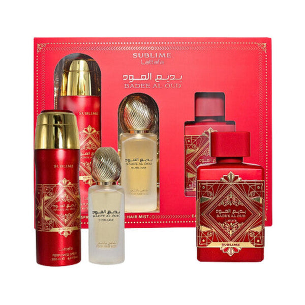 Lattafa Badee Al Oud Sublime 3 piece fragrance set with Eau de Parfum, hair mist, and deodorant spray