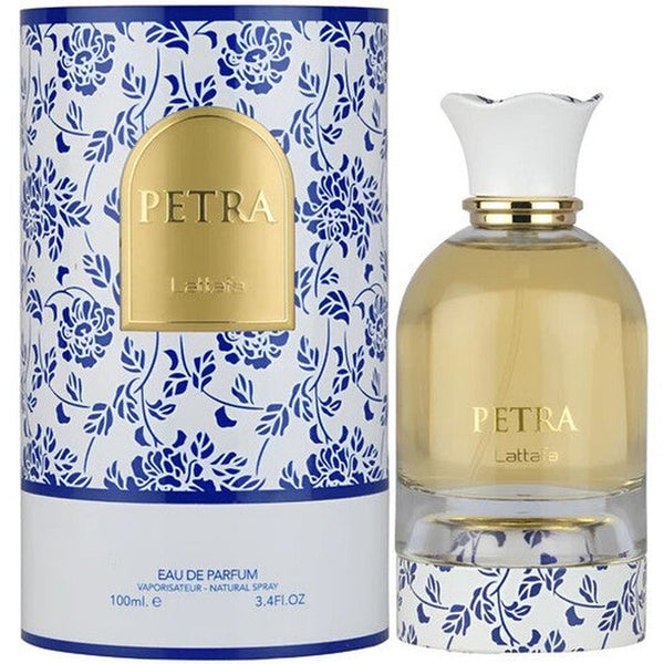 Lattafa Petra 3.4oz Eau de Parfum Spray bottle and packaging