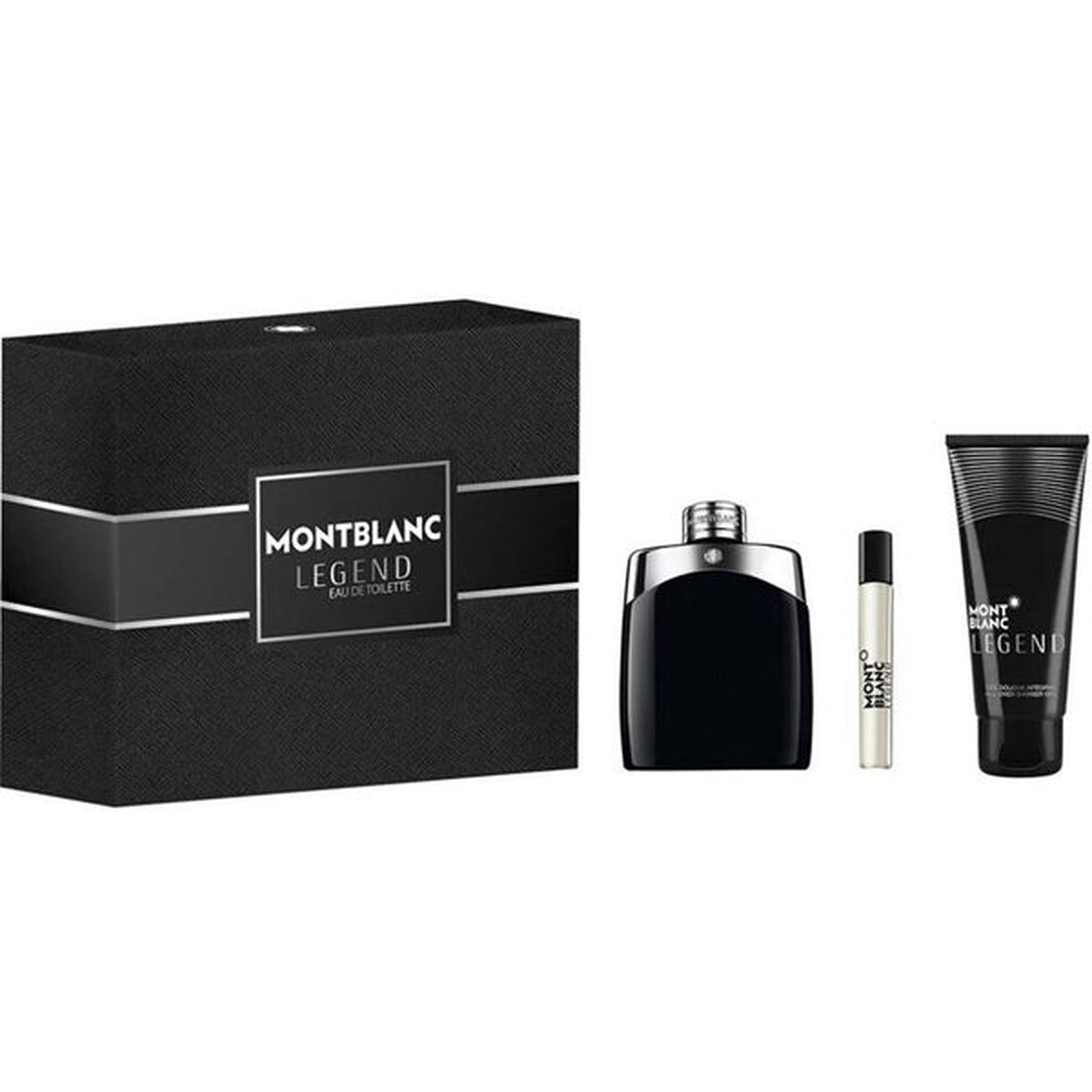 Montblanc Legend 3 piece soft box gift set with 3.4 oz Eau de Toilette spray, shower gel, and 0.25 oz travel spray for men