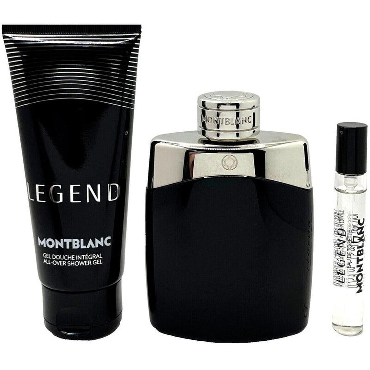 Montblanc Legend 3 piece hard box gift set with 3.4 oz Eau de Toilette, shower gel, and 0.5 oz travel spray