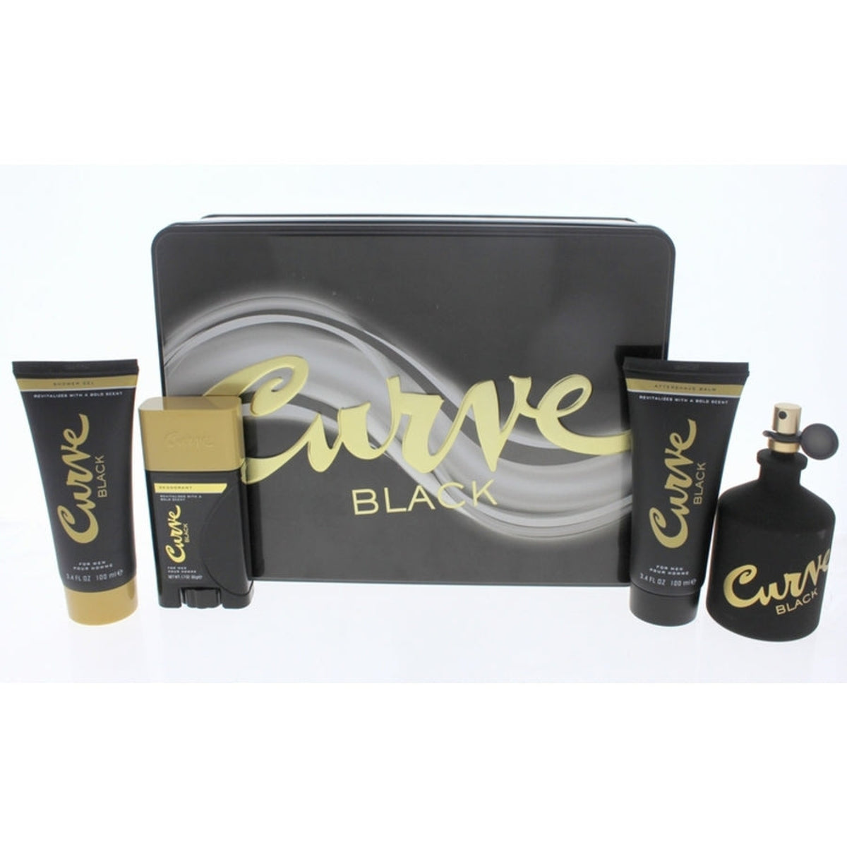 Claiborne Curve Black 4 piece men’s fragrance gift set with eau de toilette, after shave balm, shower gel, and deodorant stick