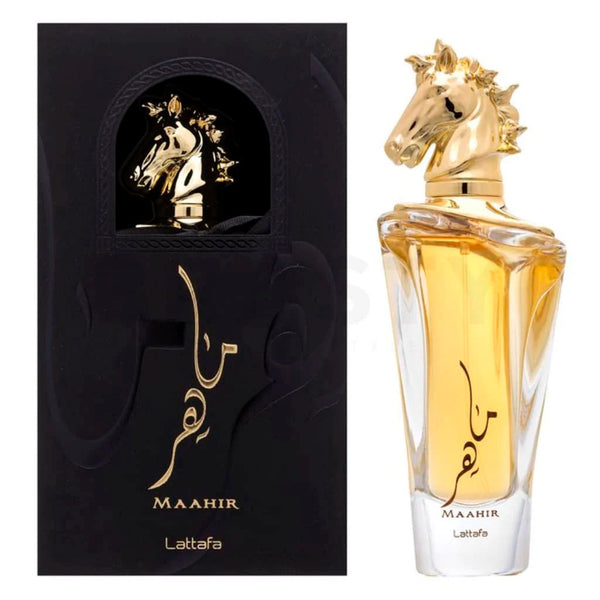 Lattafa Maahir 3.4 oz Eau de Parfum spray bottle and box