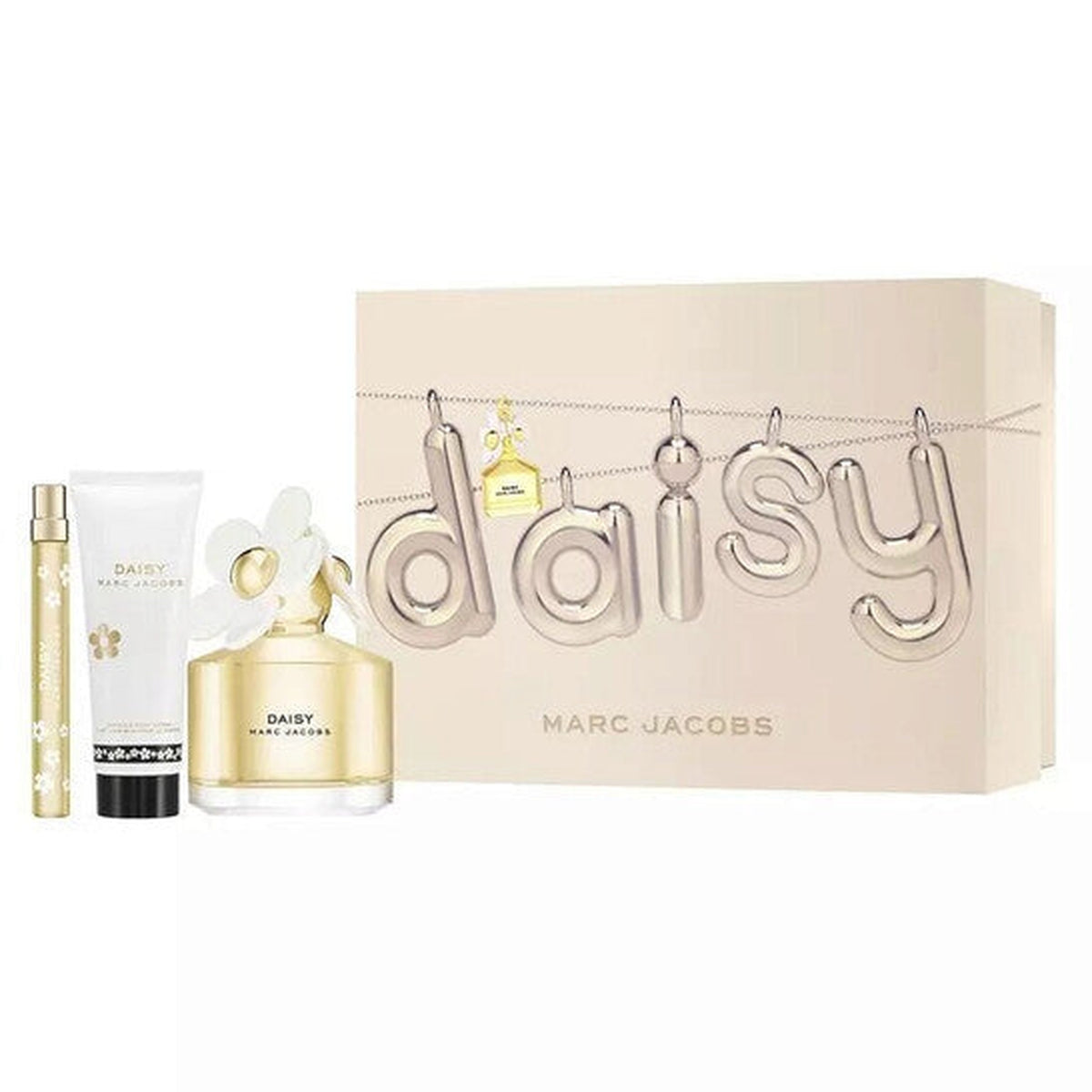Marc Jacobs Daisy 3 piece fragrance gift set with 3.4 oz Eau de Toilette, body lotion, and travel spray
