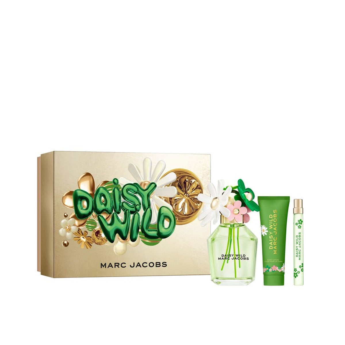 Marc Jacobs Daisy Wild 3 piece fragrance set with 3.4 oz Eau de Parfum, 2.5 oz body lotion, and 10 ml travel spray