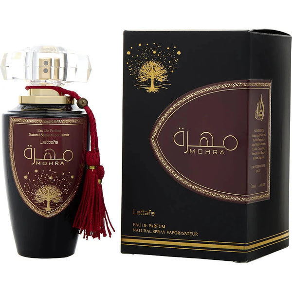 Lattafa Mohra 3.4 oz Eau de Parfum Spray bottle and packaging