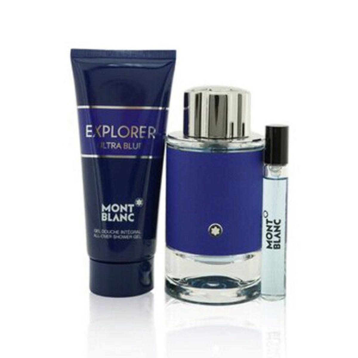 Montblanc Explorer Ultra Blue 3 piece gift set with Eau de Parfum spray, travel spray, and shower gel
