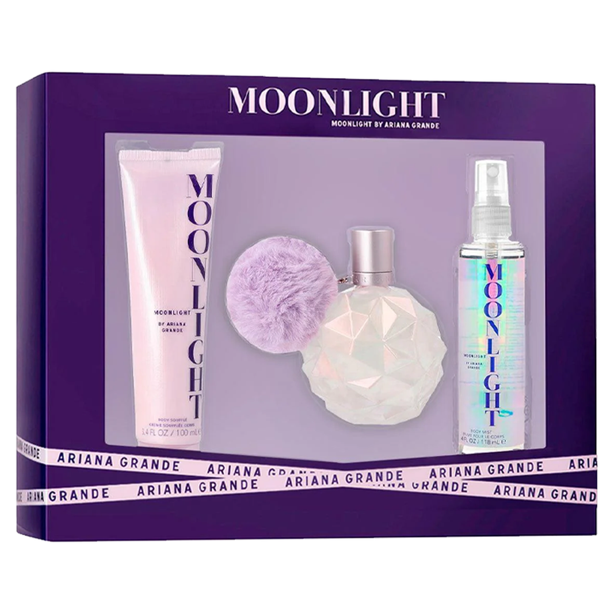 Ariana Grande Moonlight 3 piece fragrance gift set with 3.4 oz perfume, body lotion, and shower gel