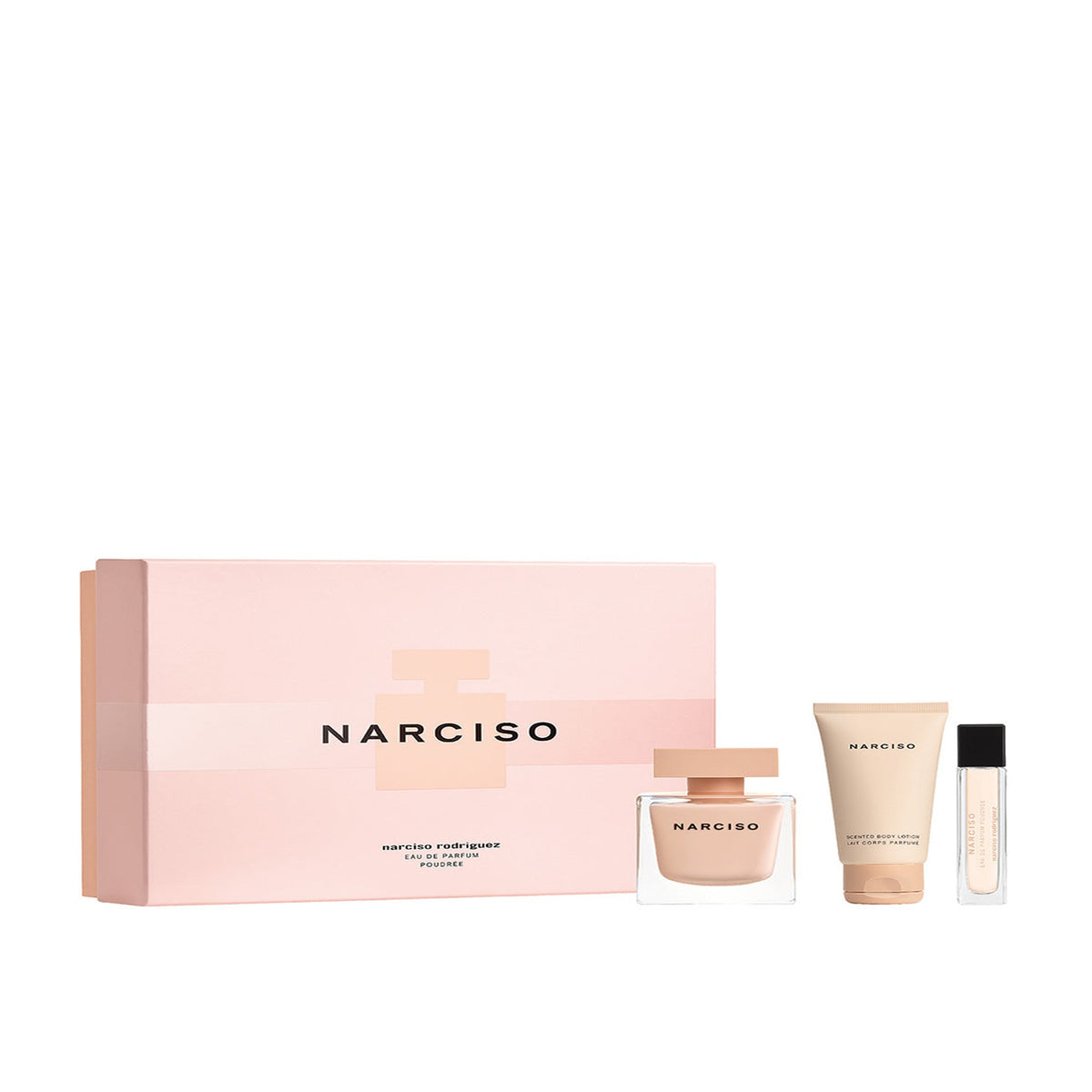 Narciso Rodriguez Poudrée 3 piece fragrance gift set with eau de parfum, body lotion, and travel spray