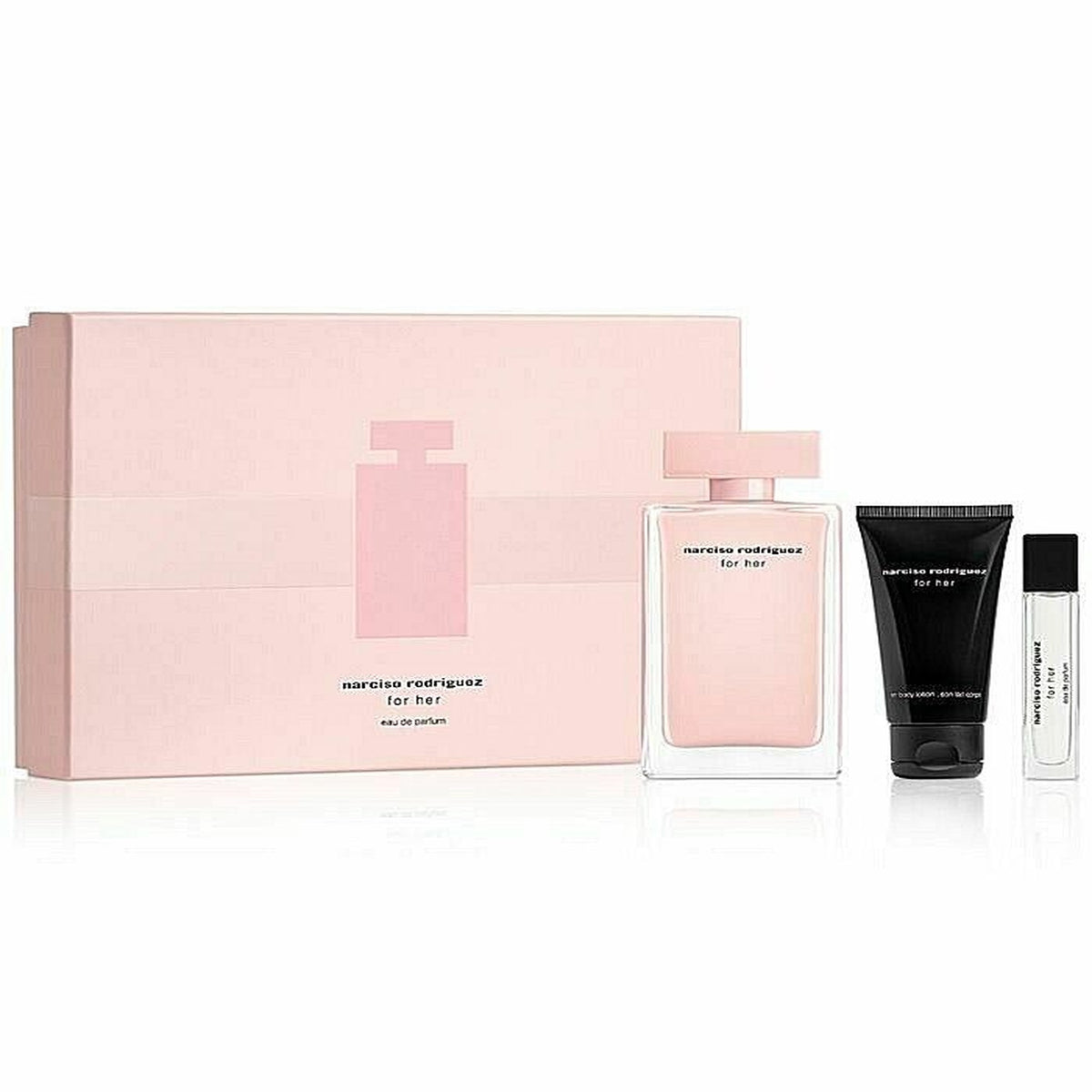 Narciso Rodriguez For Her 3-piece Eau de Toilette gift set with 3.4 oz spray, 10 ml travel spray, and body lotion