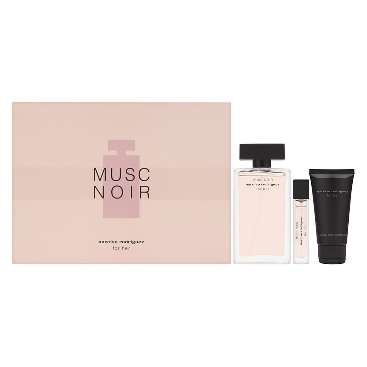 Narciso Rodriguez Musc Noir 3-piece fragrance gift set with Eau de Parfum, body lotion, and travel spray