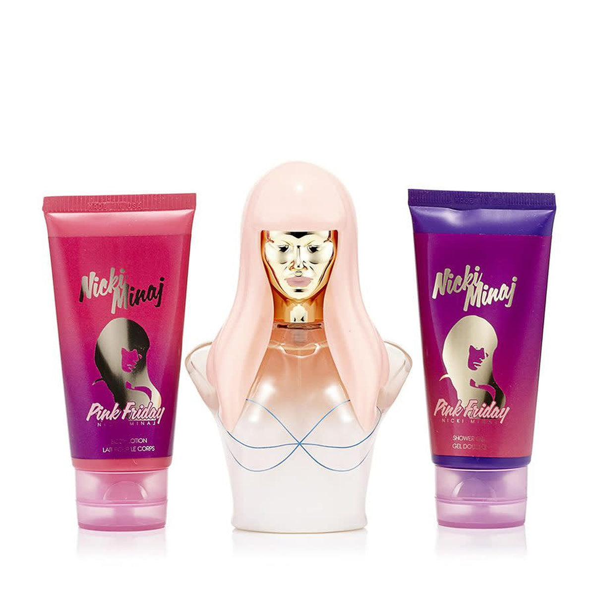 Nicki Minaj Pink Friday 3 piece fragrance gift set with 3.4 oz Eau de Parfum, shower gel, and body lotion