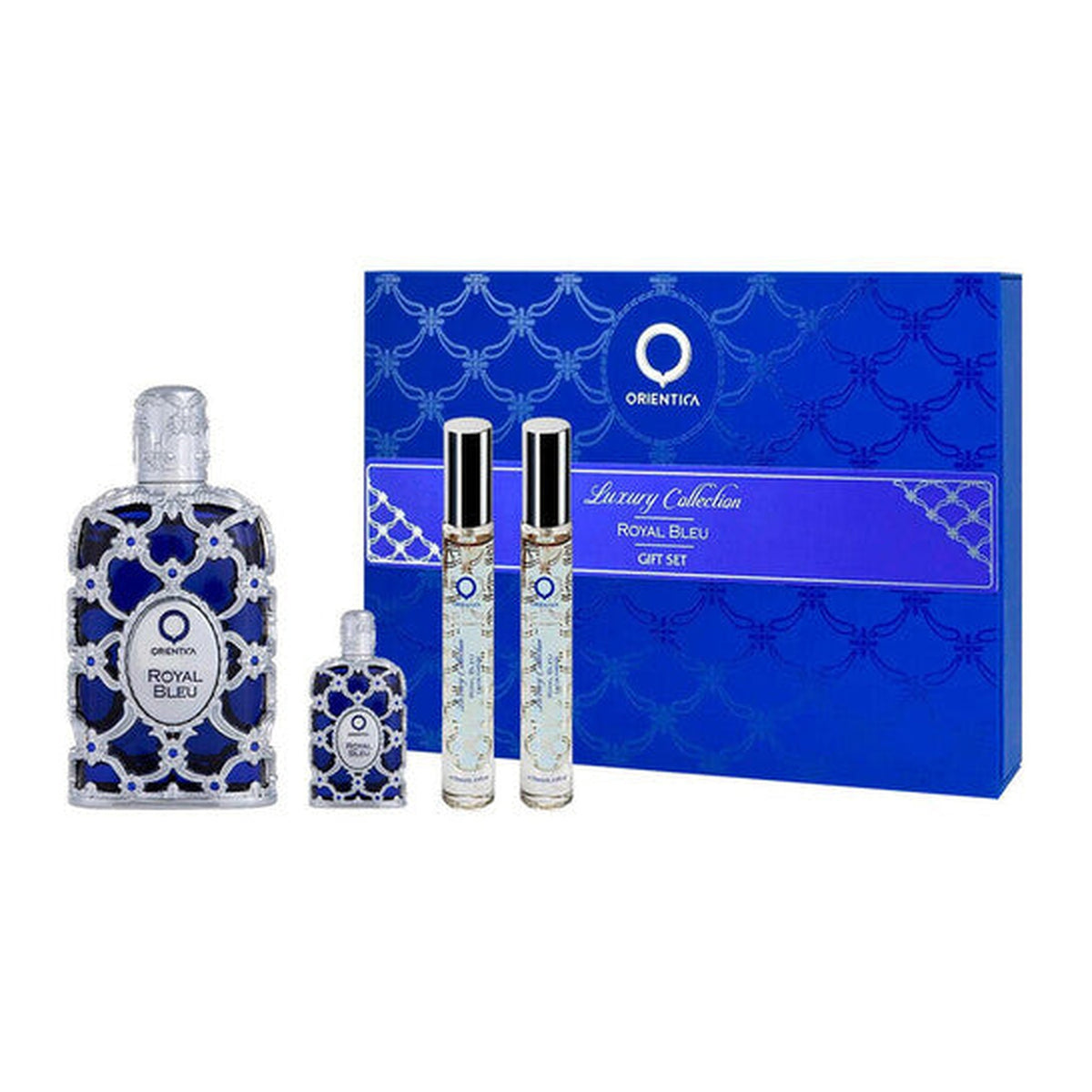 Orientica Royal Bleu 4 piece fragrance gift set with 2.8 oz eau de parfum, mini splash, and two travel sprays