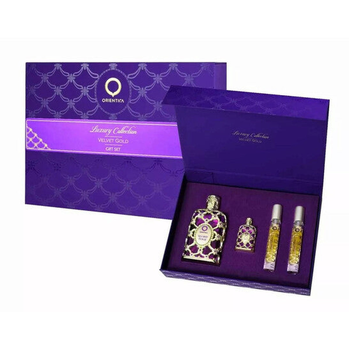 Orientica Velvet Gold 4 piece fragrance set with 2.8 oz Eau de Parfum, mini splash, and two travel sprays