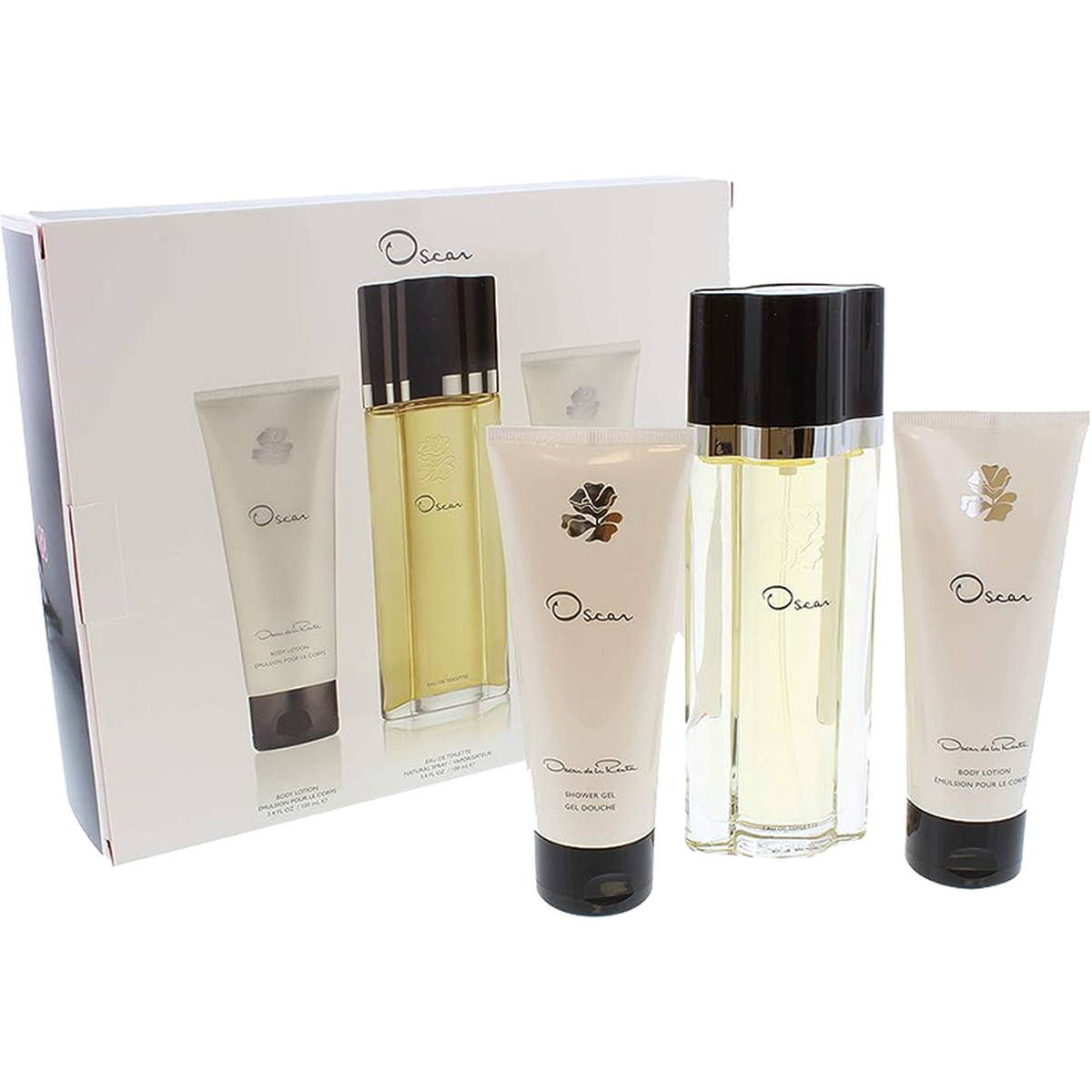 Oscar de la Renta 3-piece travel box set with Eau de Toilette, body lotion, and shower gel