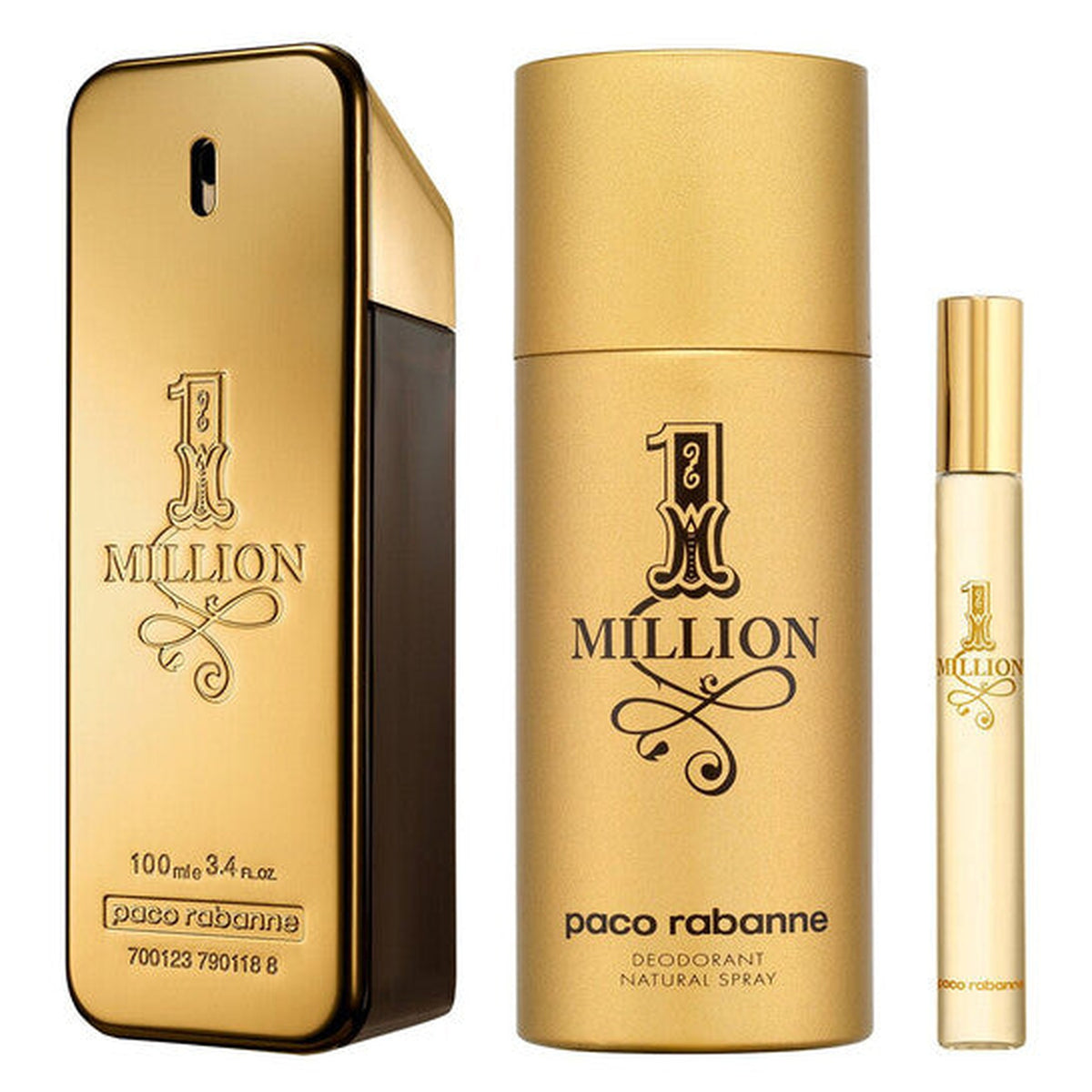 Paco Rabanne 1 Million 3 piece gift set with 3.4 oz Eau de Toilette, 5.0 oz deodorant, and 0.33 oz mini