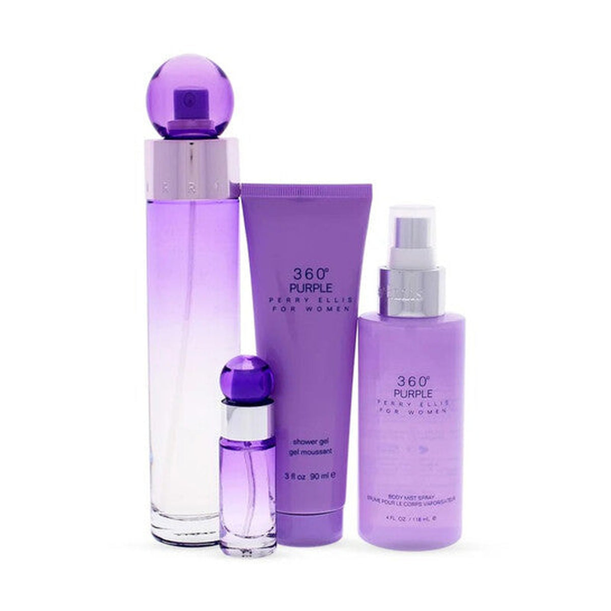 Perry Ellis 360 Purple 4 piece women’s fragrance gift set with Eau de Parfum, body mist, shower gel, and mini bottle