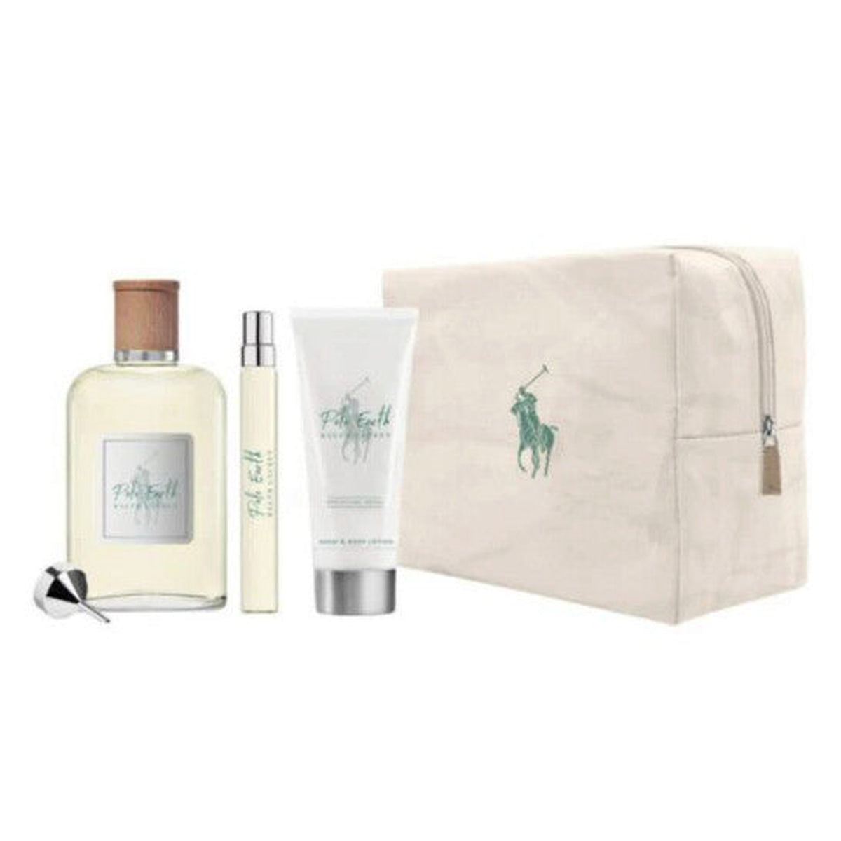 Polo Earth by Ralph Lauren 4-piece fragrance gift set with Eau de Toilette, travel spray, body lotion, and canvas bag