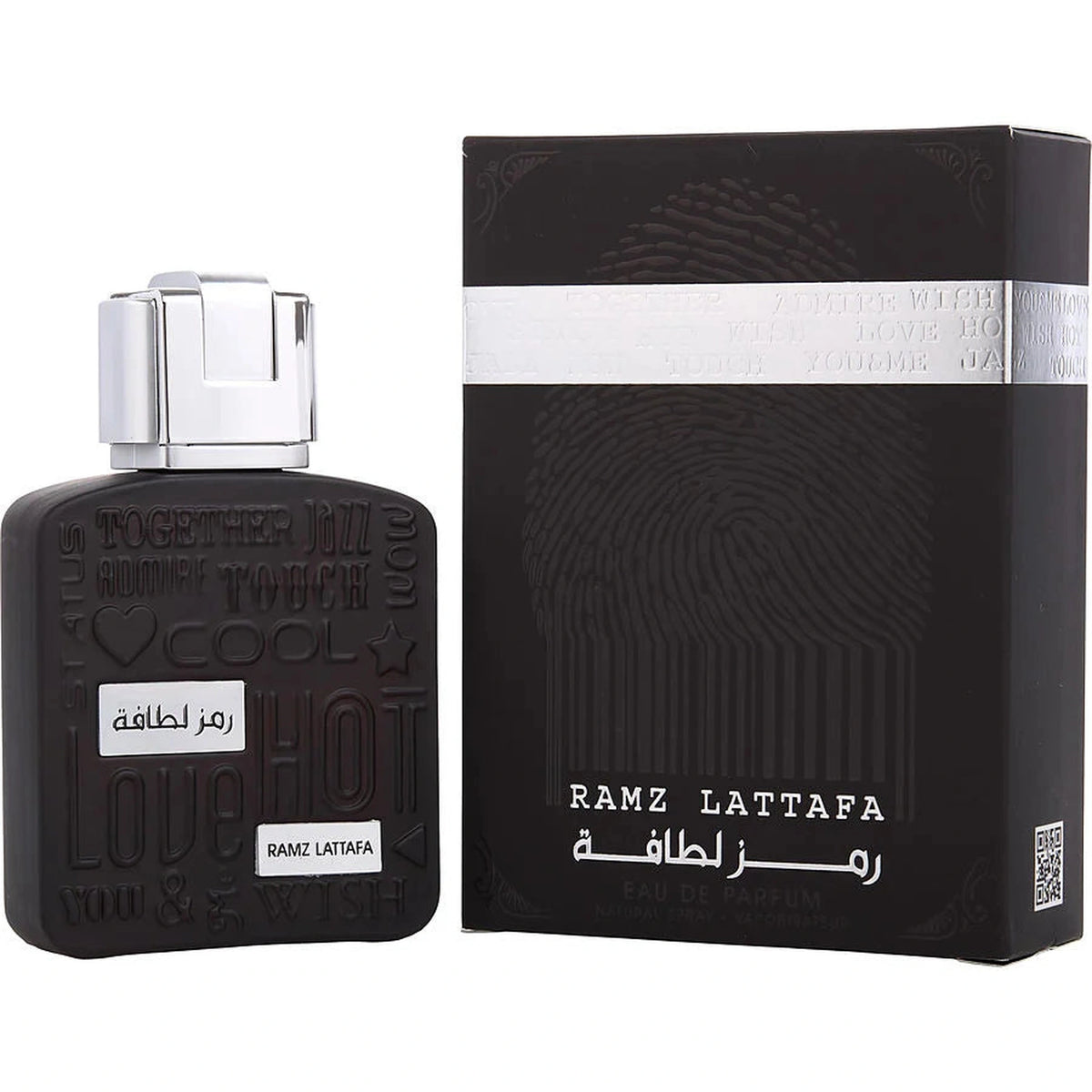 Lattafa Ramz Silver 3.4 oz Eau de Parfum Spray bottle and box