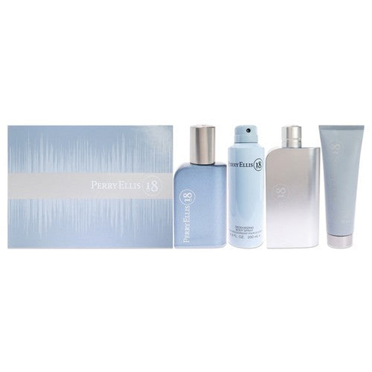 Perry Ellis 18 for Men 4 piece fragrance gift set with EDT spray, body spray, mini bottle, and shower gel