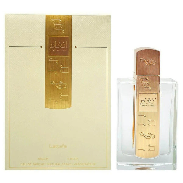 Lattafa Angham 3.4 oz Eau de Parfum spray bottle and box