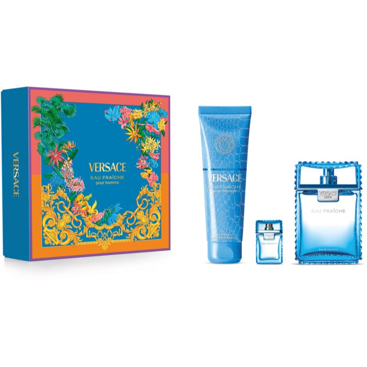 Versace Eau Fraiche Extreme 3 piece men’s fragrance gift set with 3.4 oz Eau de Parfum, shower gel, and 5 ml mini