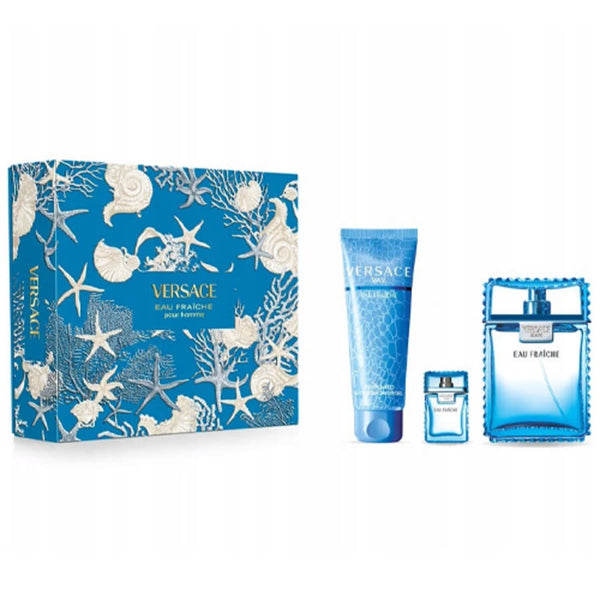 Versace Man Eau Fraiche gift set with 3.4 oz Eau de Toilette, shower gel, and 5 ml mini bottle